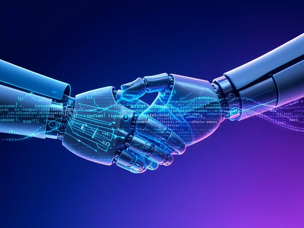 Abstract image of human and robotic hands connecting, symbolizing trust in AI development.