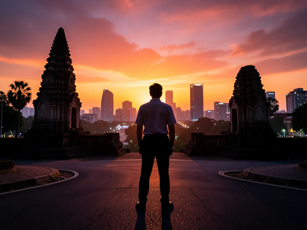 Young professional at a crossroads in Cambodia, symbolizing leadership growth and opportunity.