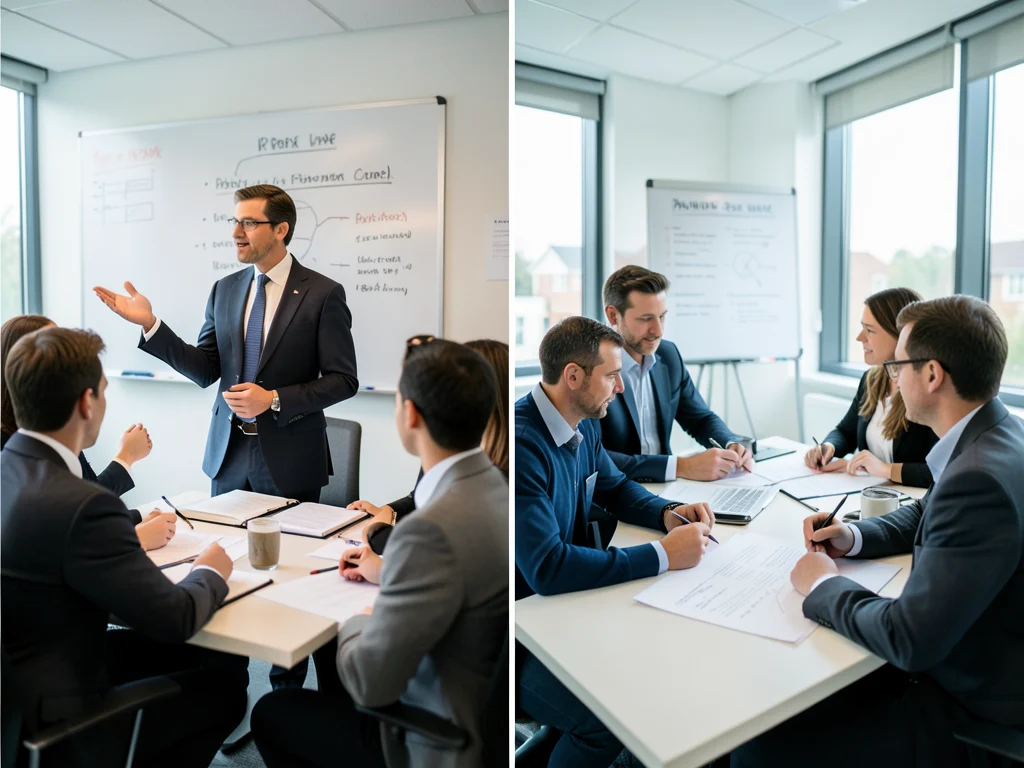 University professor lecturing and professionals discussing policy documents.