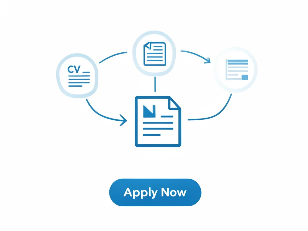 Flowchart of application requirements: CV, paper, letter, combined into a PDF.