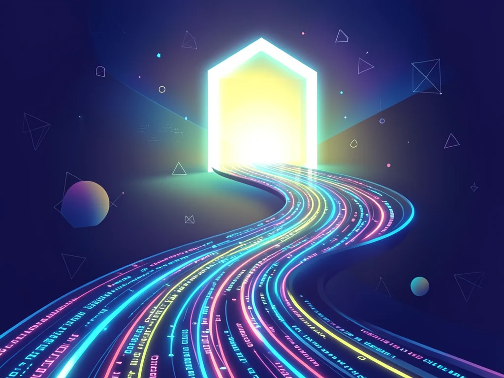 Abstract path of data streams leading to a bright gateway, symbolizing opportunity.