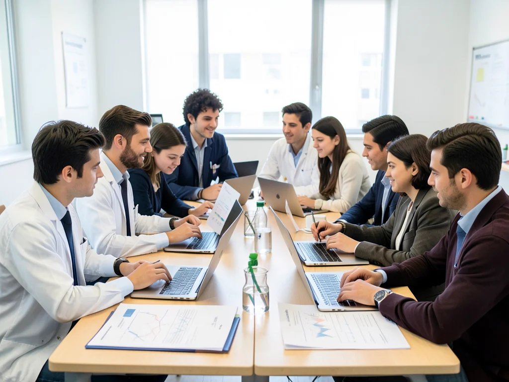 Diverse group of early-career scientists and engineers in a collaborative research setting.