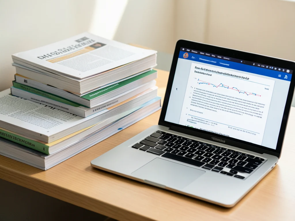 Stack of academic publications and a laptop with a research paper.
