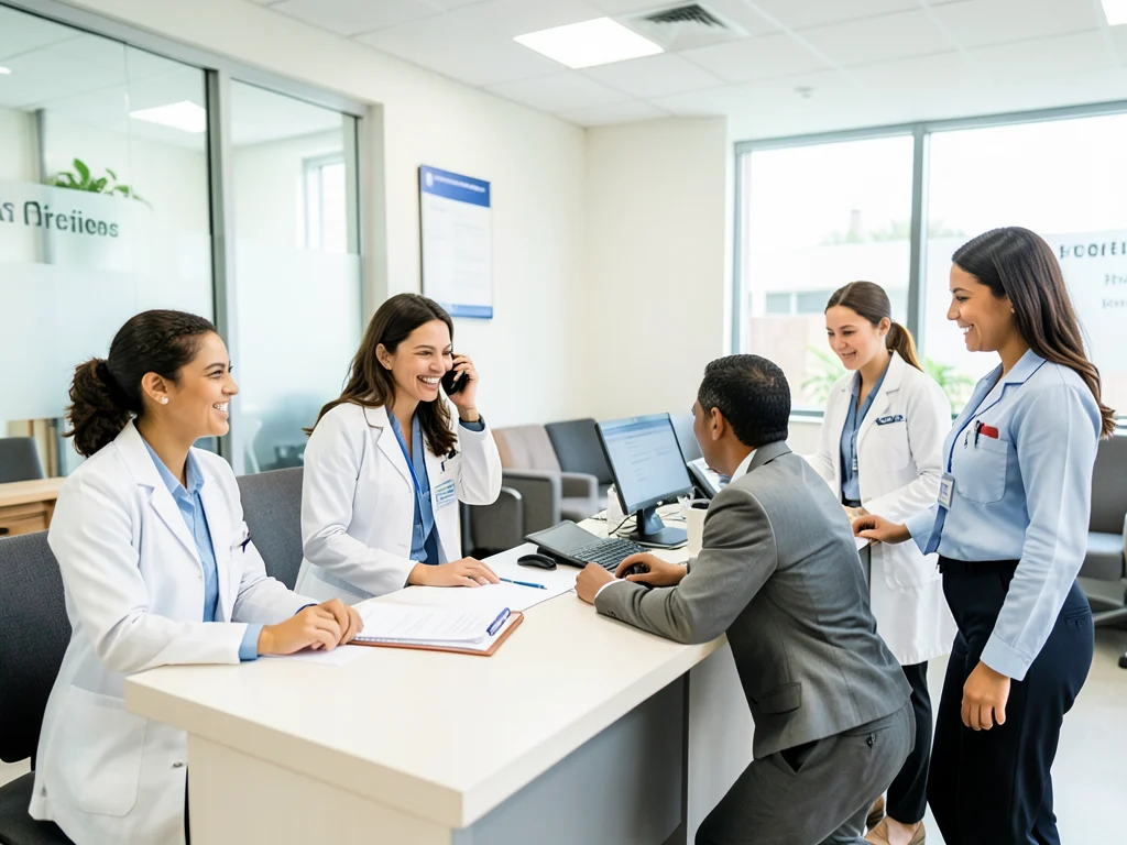 Medical client service representatives working at a busy clinic reception desk, assisting patients with various tasks.