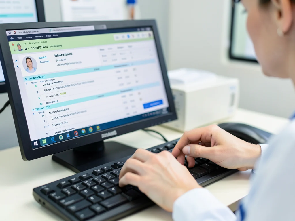 A medical client service representative updating patient records on an electronic health record (EHR) system.