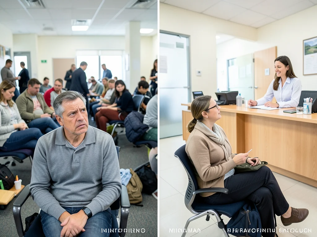 Comparison of patient experiences: disorganized vs. organized clinic waiting areas and reception services.