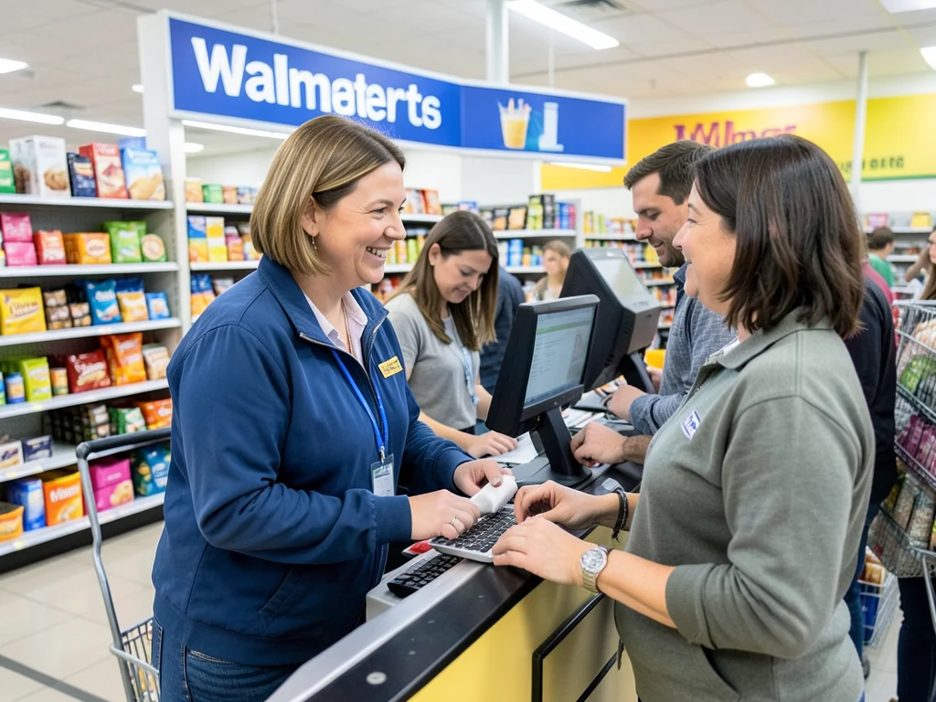 Walmart associate providing excellent customer service at checkout.