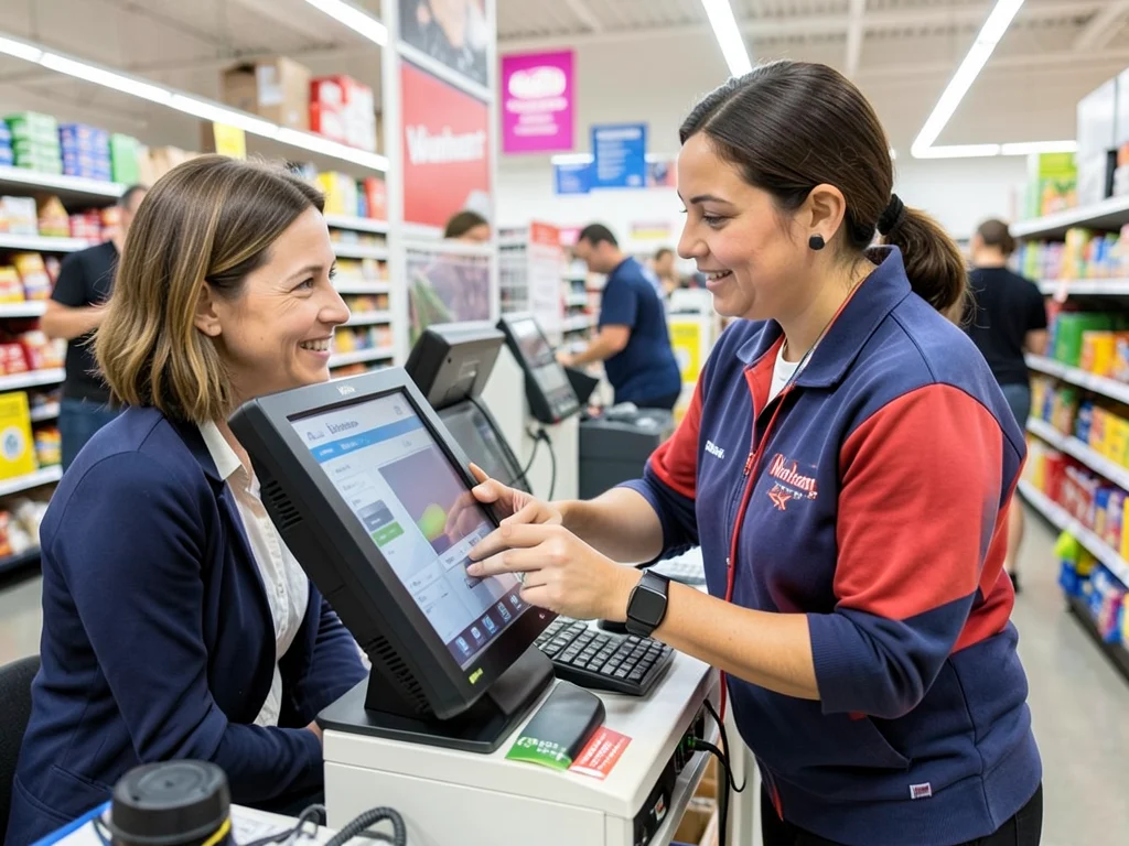 Walmart trainer teaching a new associate how to use a POS system.