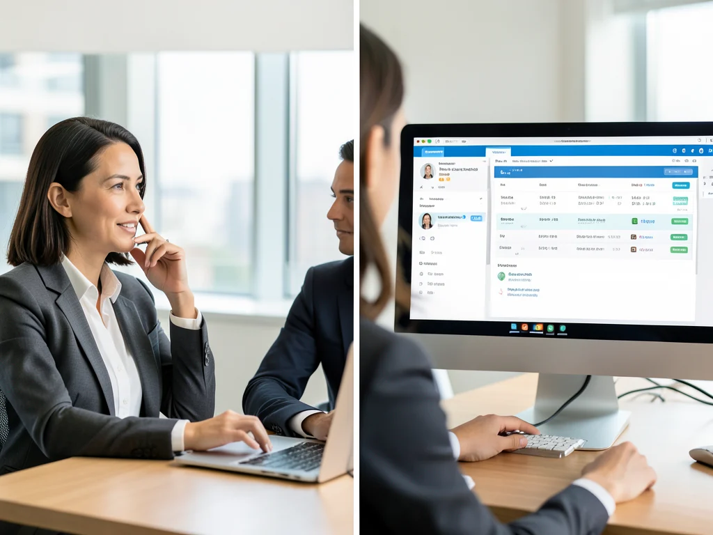 Customer service agent interacting with a customer and logging details in a CRM system.