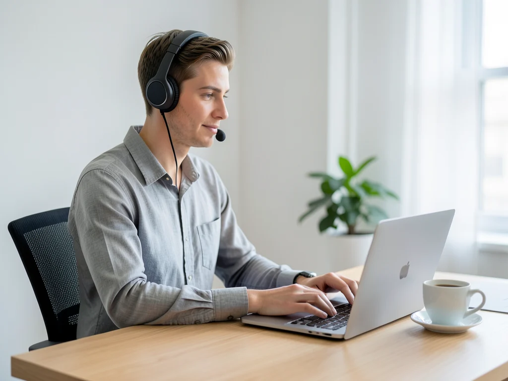 A person working remotely from a home office.