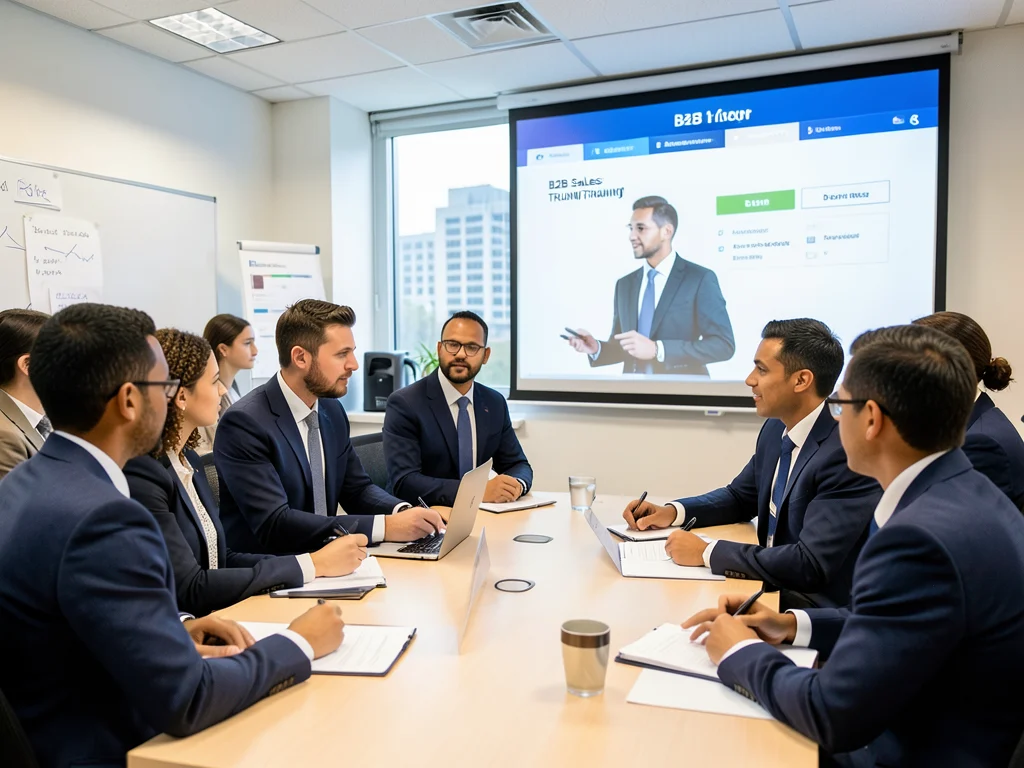 Business-to-business sales training session with diverse participants.