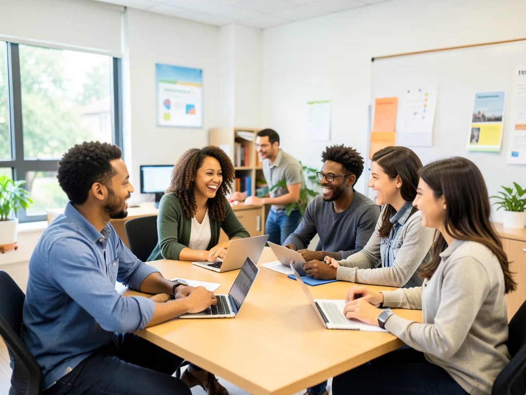 Diverse team of employees collaborating in a positive and inclusive workplace.