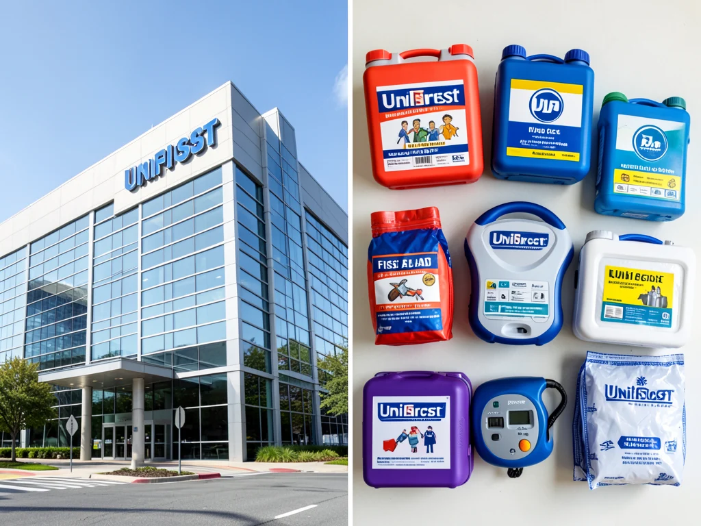 UniFirst Corporation headquarters and a display of first aid and safety products.