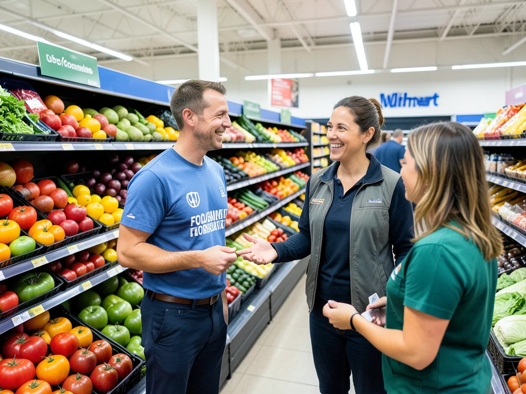 Walmart Food/Consumables Team Supervisor assisting a customer in the produce section.