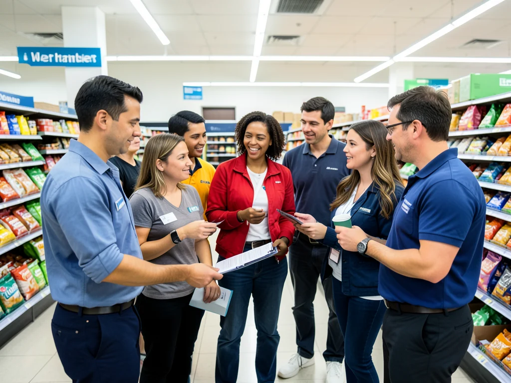 Walmart associates working together in a grocery department.