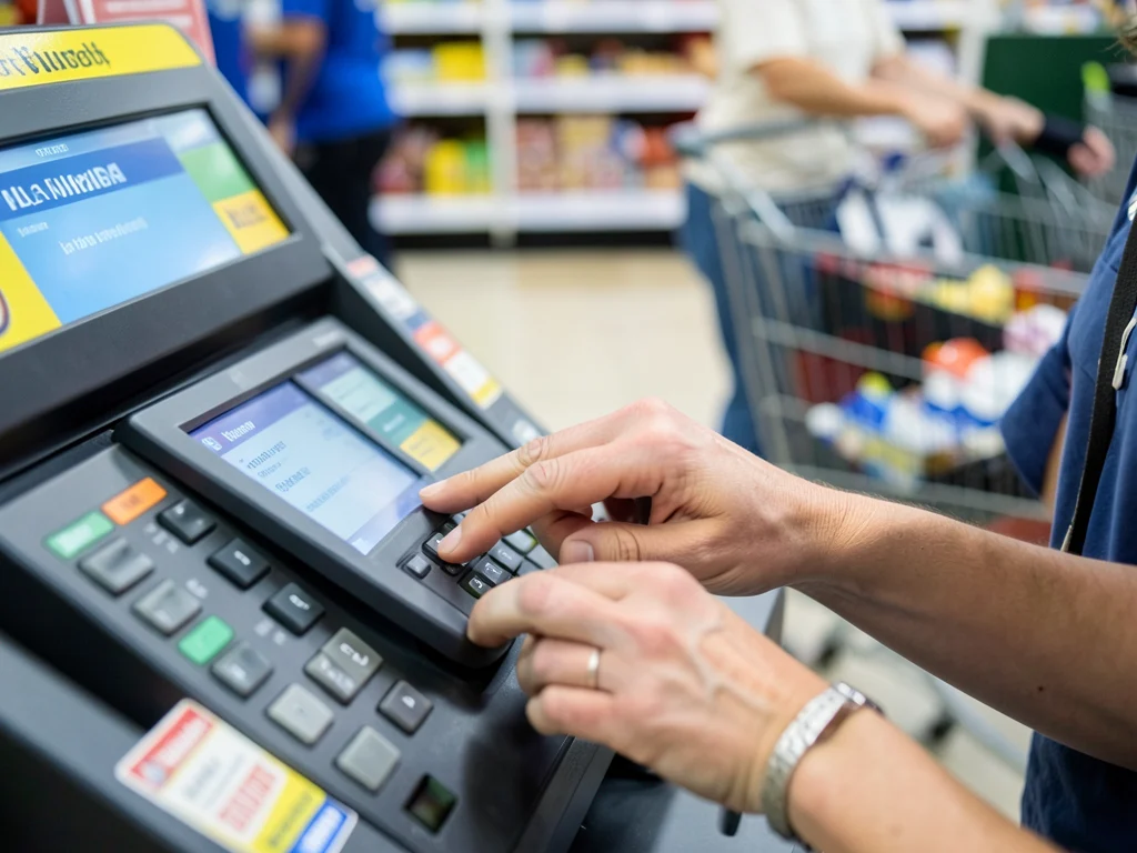 Hands of a Walmart associate scanning items at a checkout.