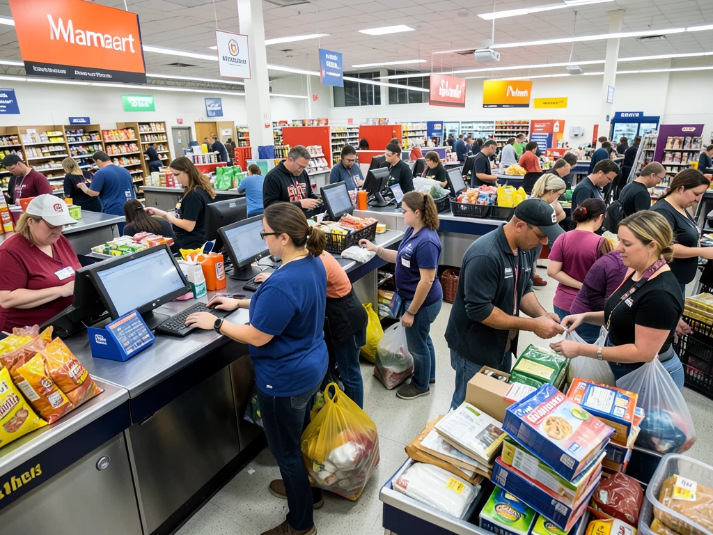 Busy Walmart checkout area with associates multitasking.