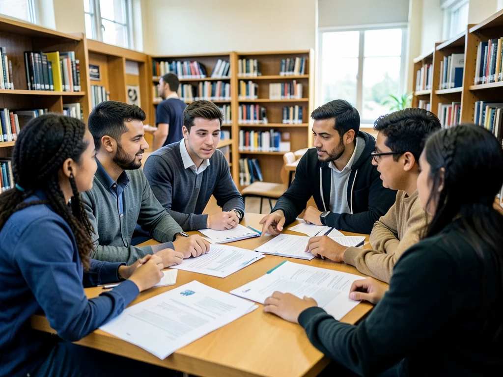 International PhD students collaborating on research in a Swiss university library.