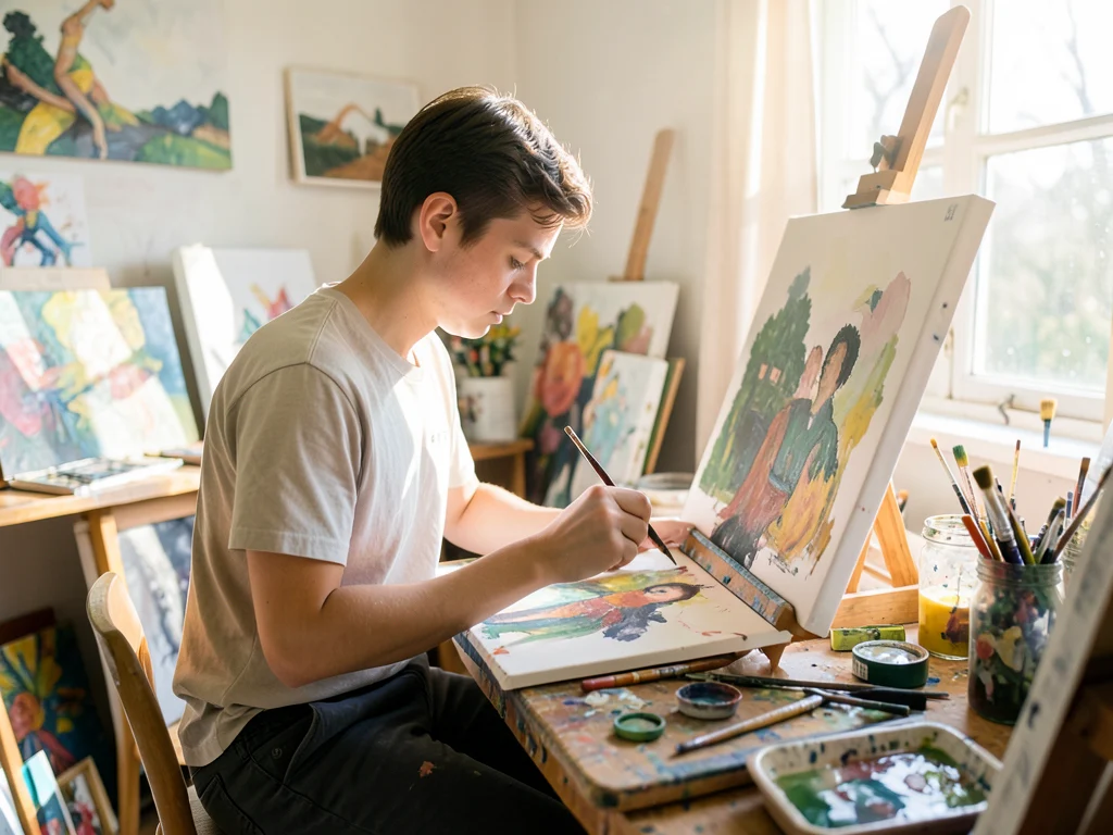 Young artist engaged in creative work in a well-lit studio.