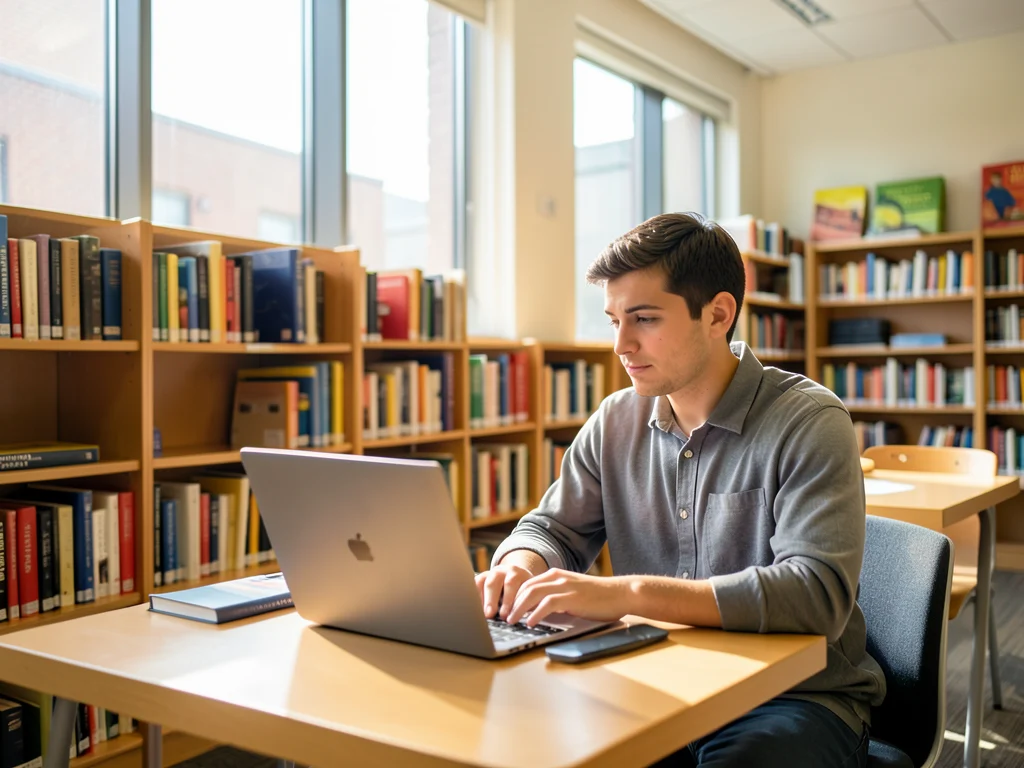 Student studying in a university library, symbolizing academic pursuit.