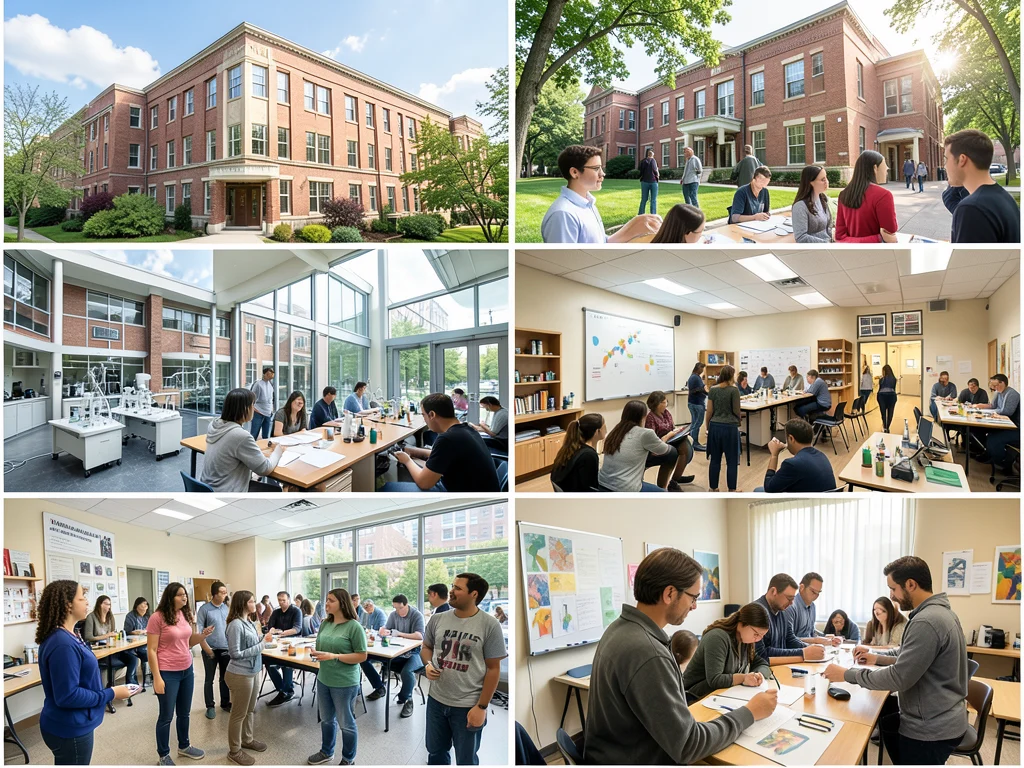 Diverse university campus with students and various academic buildings.