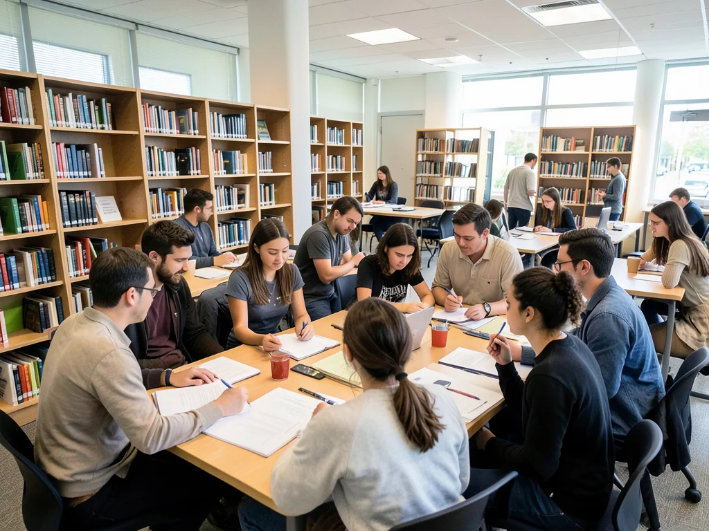 International students working together in a university library.