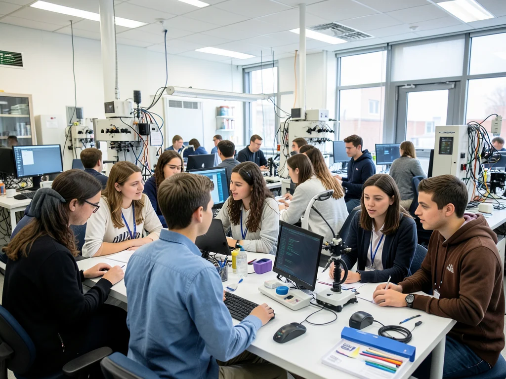 International students working together on a research project in a well-equipped university laboratory.