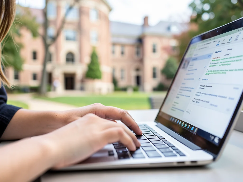 Student working on a laptop, likely completing an online application for an internship program.