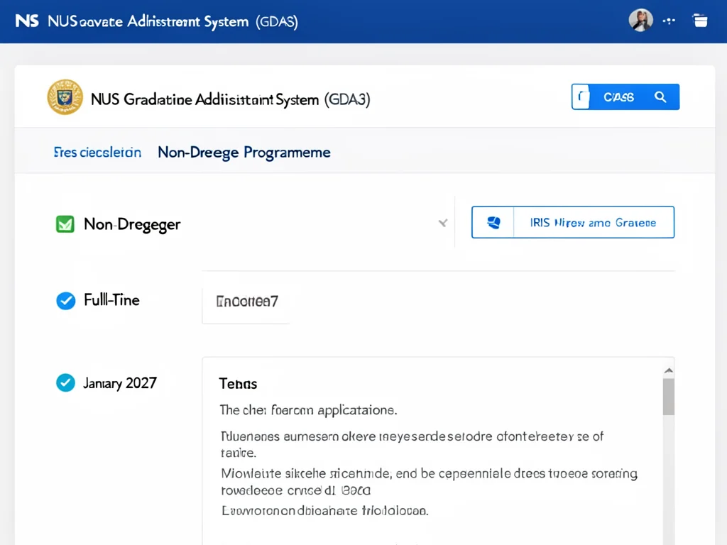 Screenshot of the NUS Graduate Admission System (GDA3) interface guiding users through the application process for the IRIS program.