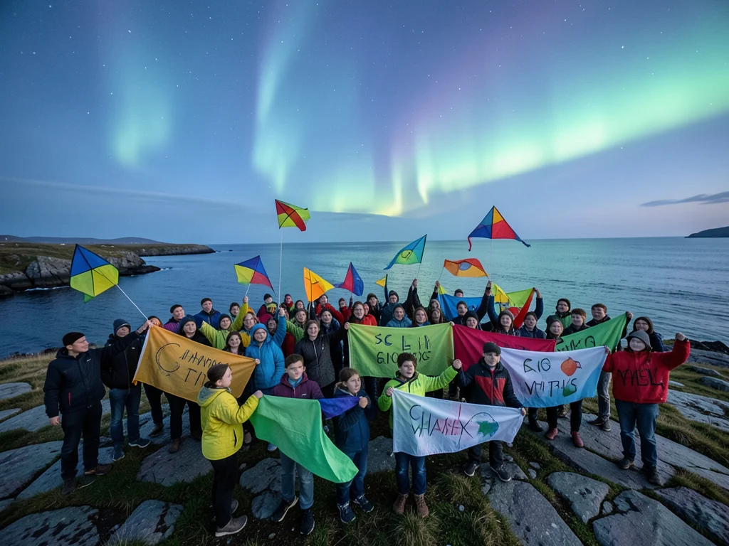 Students at Norway's ISFiT festival celebrate global change with colorful banners and kites.