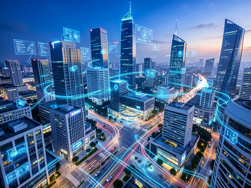 AI integration in public administration cityscape with glowing algorithms.