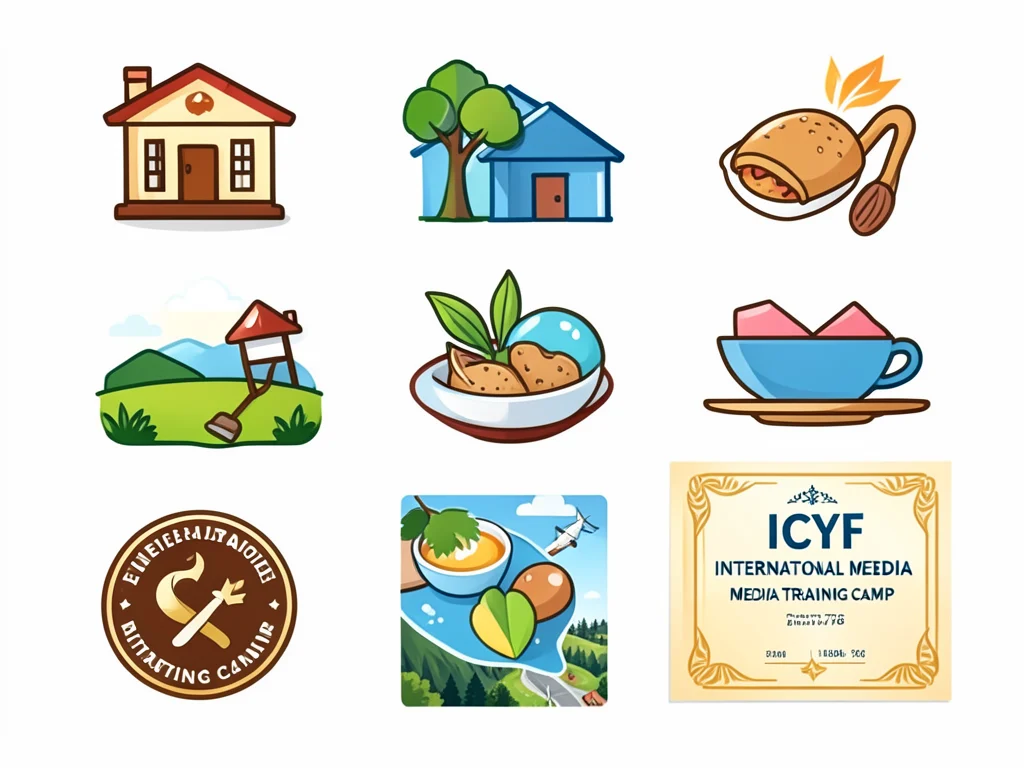 Icons representing travel, accommodation, meals, health insurance, and a certificate.