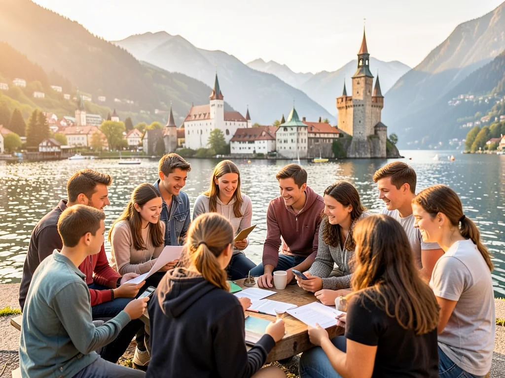Young people from diverse cultures cooperating in Slovenia, symbolizing cultural exchange.