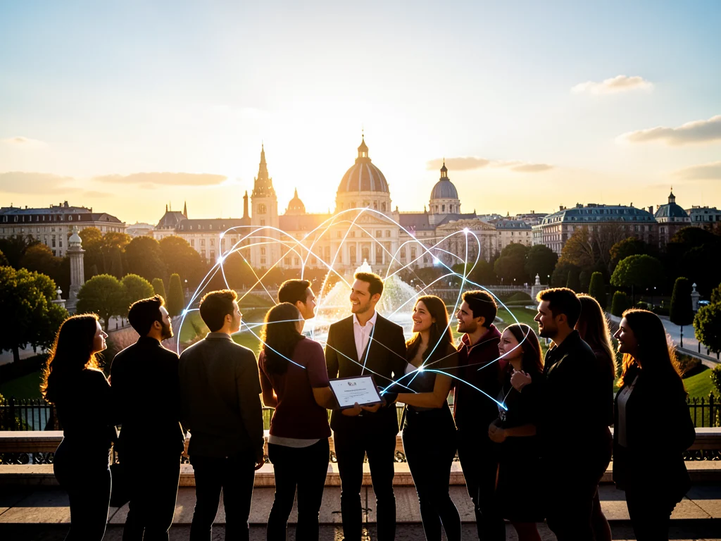 Young leaders connect globally in Madrid, symbolizing a funded path to international opportunities.
