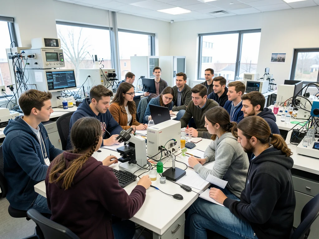 Students and professor working together in a research lab.