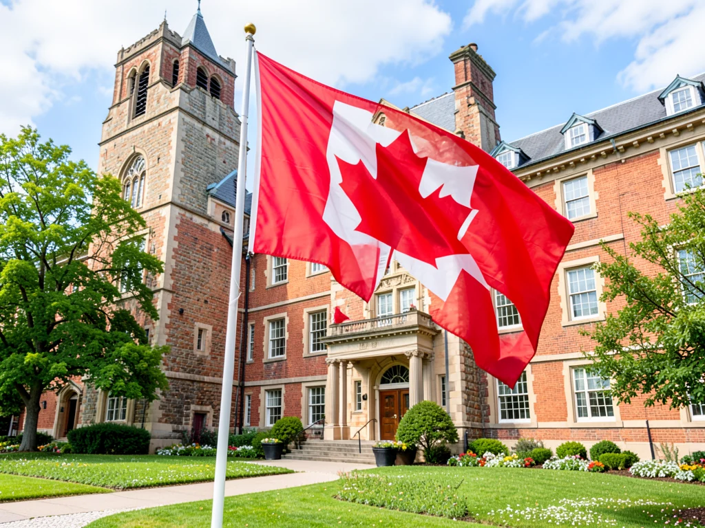 Canadian flag and university building.