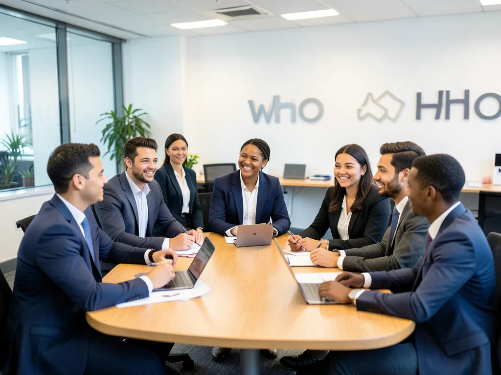 Interns collaborating in a modern WHO office.