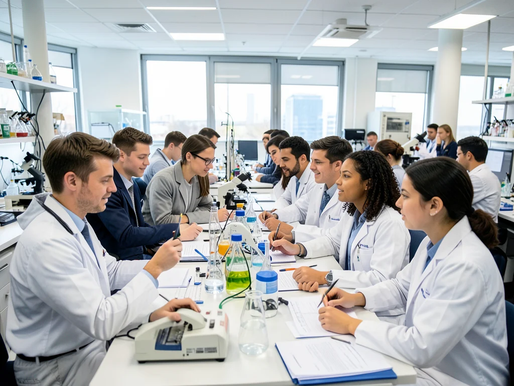 International students working together in a science laboratory.