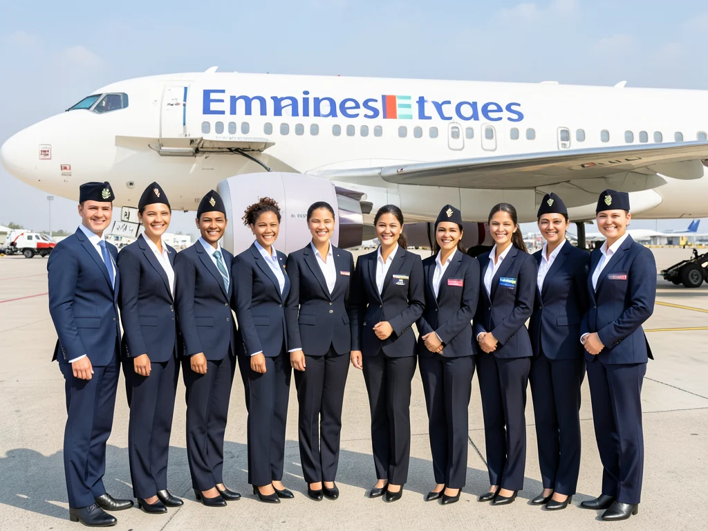 Emirates cabin crew members smiling and standing together.