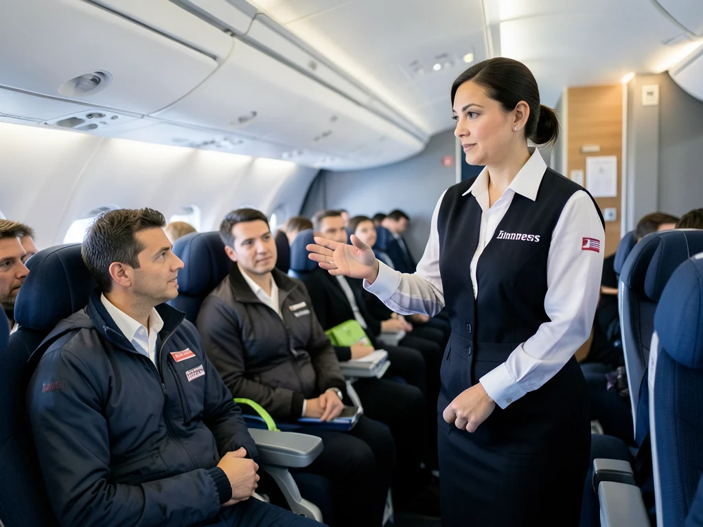 Emirates cabin crew member demonstrating a safety procedure.