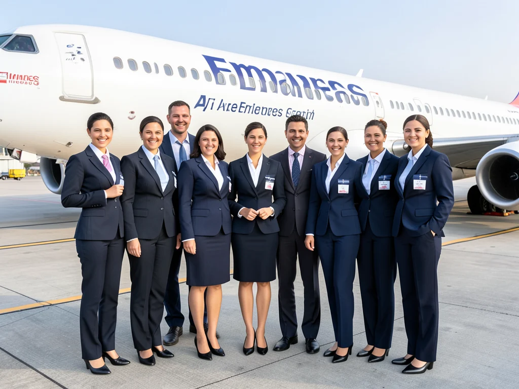 Emirates cabin crew members posing in front of an airplane.