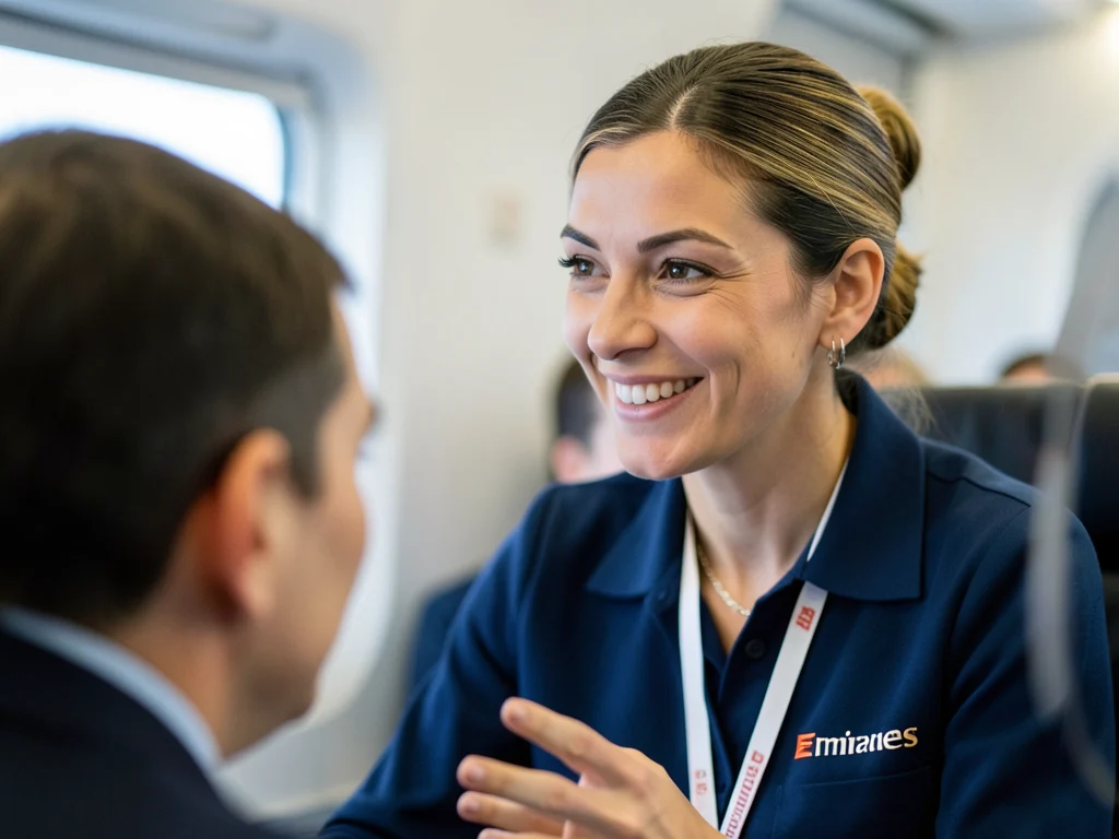 Emirates cabin crew member providing attentive customer service.