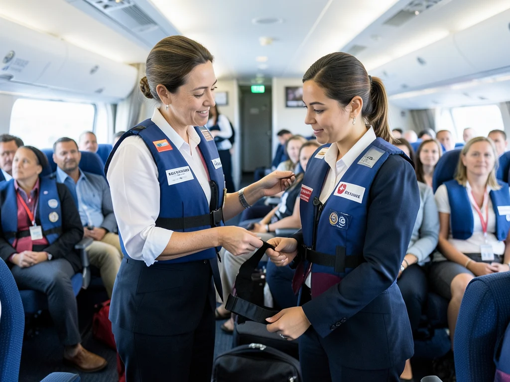 Emirates cabin crew member demonstrating a safety procedure.