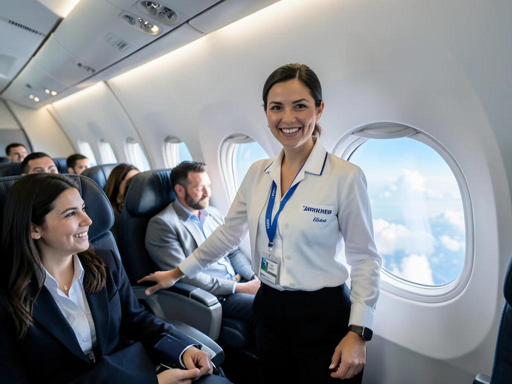 Emirates cabin crew member providing service to passengers on an airplane.