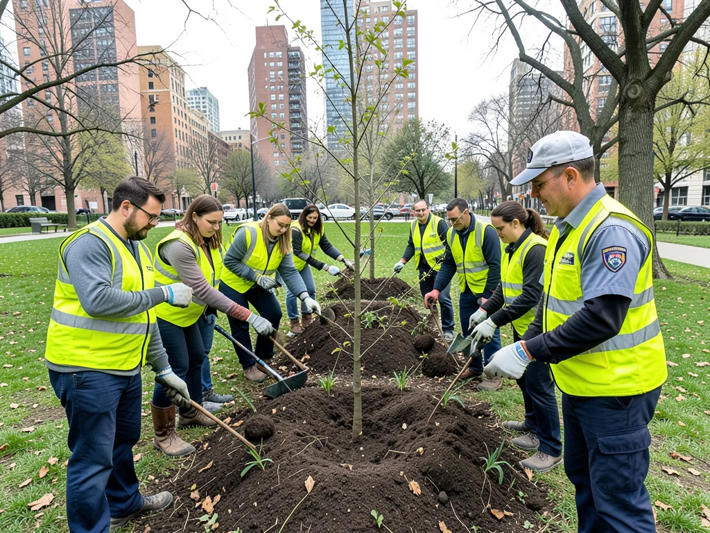 Interns participating in an environmental conservation activity in a city park.