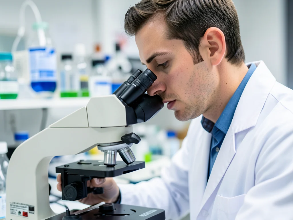 A medical researcher working with a microscope in a laboratory.