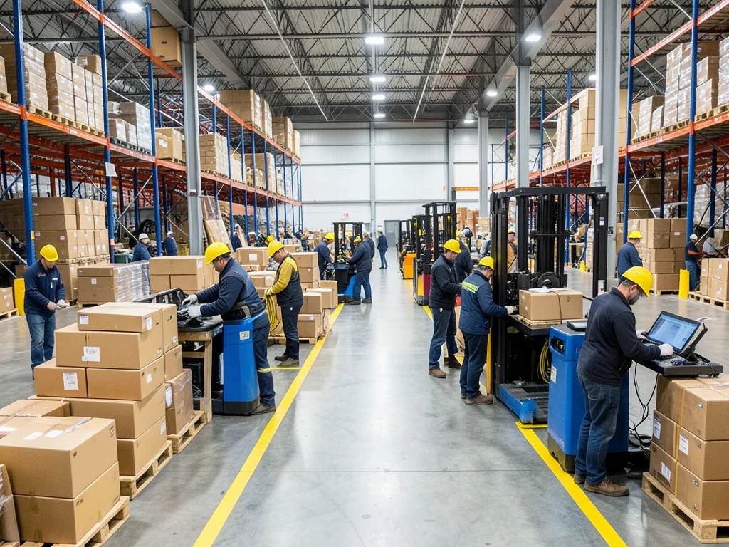 Employees working in a dynamic e-commerce warehouse environment.