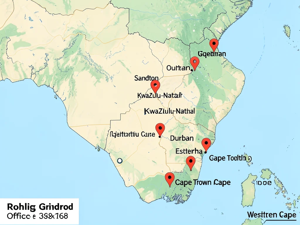 Map of South Africa showing Rohlig Grindrod office locations for the YES Internship Programme.