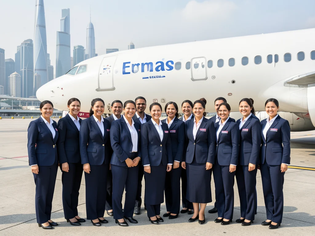 Emirates cabin crew members in uniform.