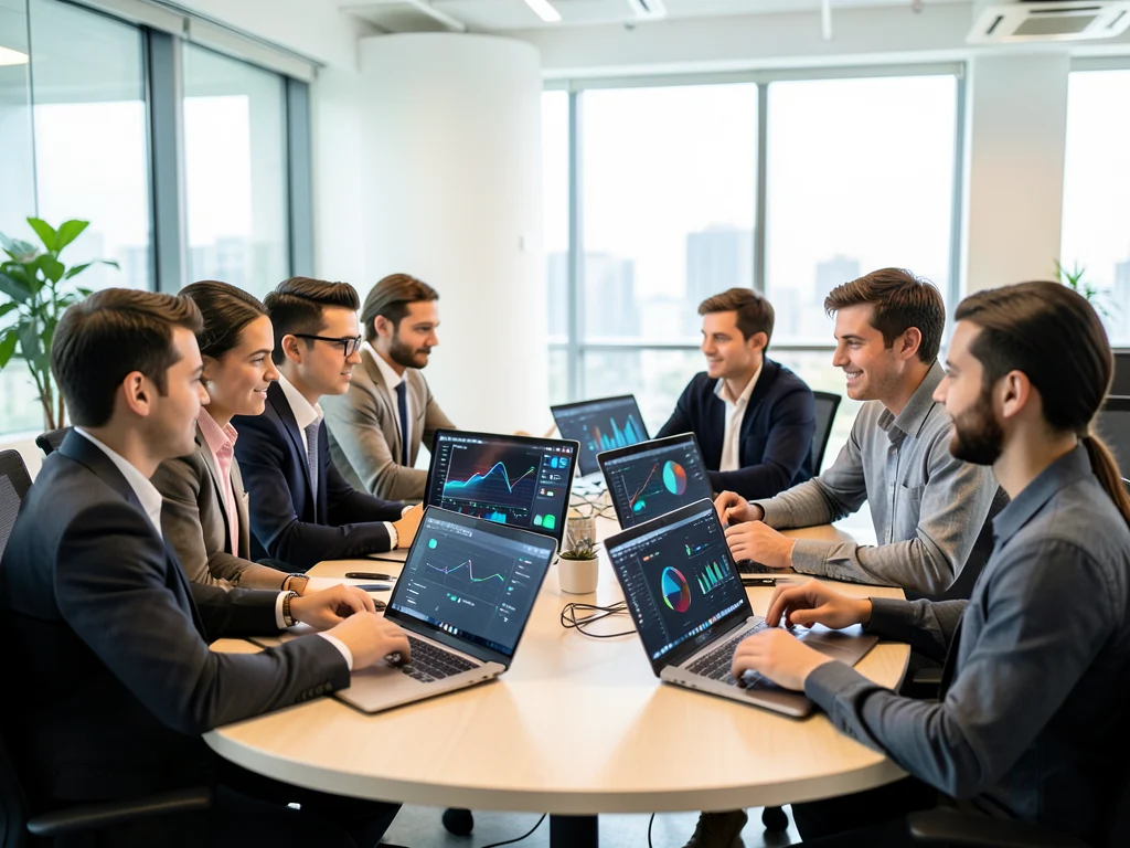 Young professionals working with data and technology in a modern office.